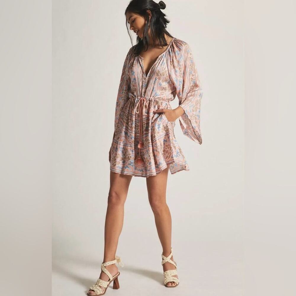 NWT Anthropologie Omika Bohemian Mini Tunic Dress Peach Tassel Drawstring Sz XL